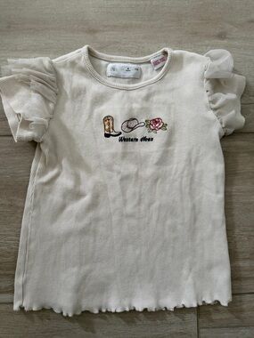 Zara Cream Short-Sleeve Tee with Ruffle Sleeves and Western Embroidery